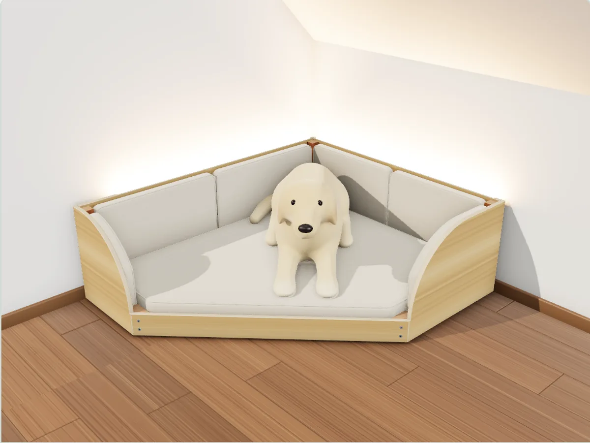 3D-Ansicht: helles Eckbett aus Birke-Multiplex mit naturfarbenem Polster, warmer LED-Lichtschein an Giebelwand und Kniestock, Golden Retriever in Bauchlage